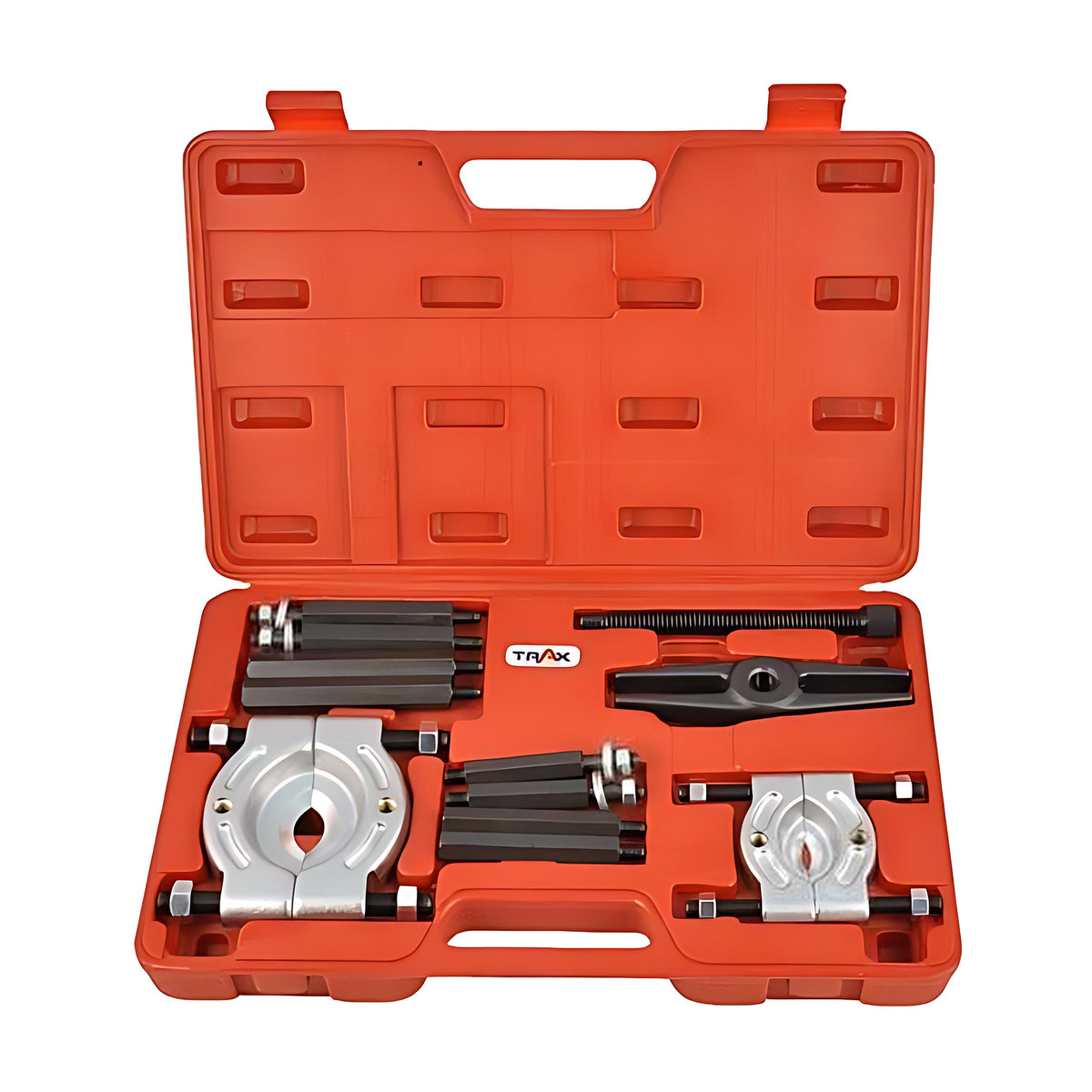 Trax bearing plate puller kit YC-706 in a red case, with separator plates, rods and puller bars in the tray