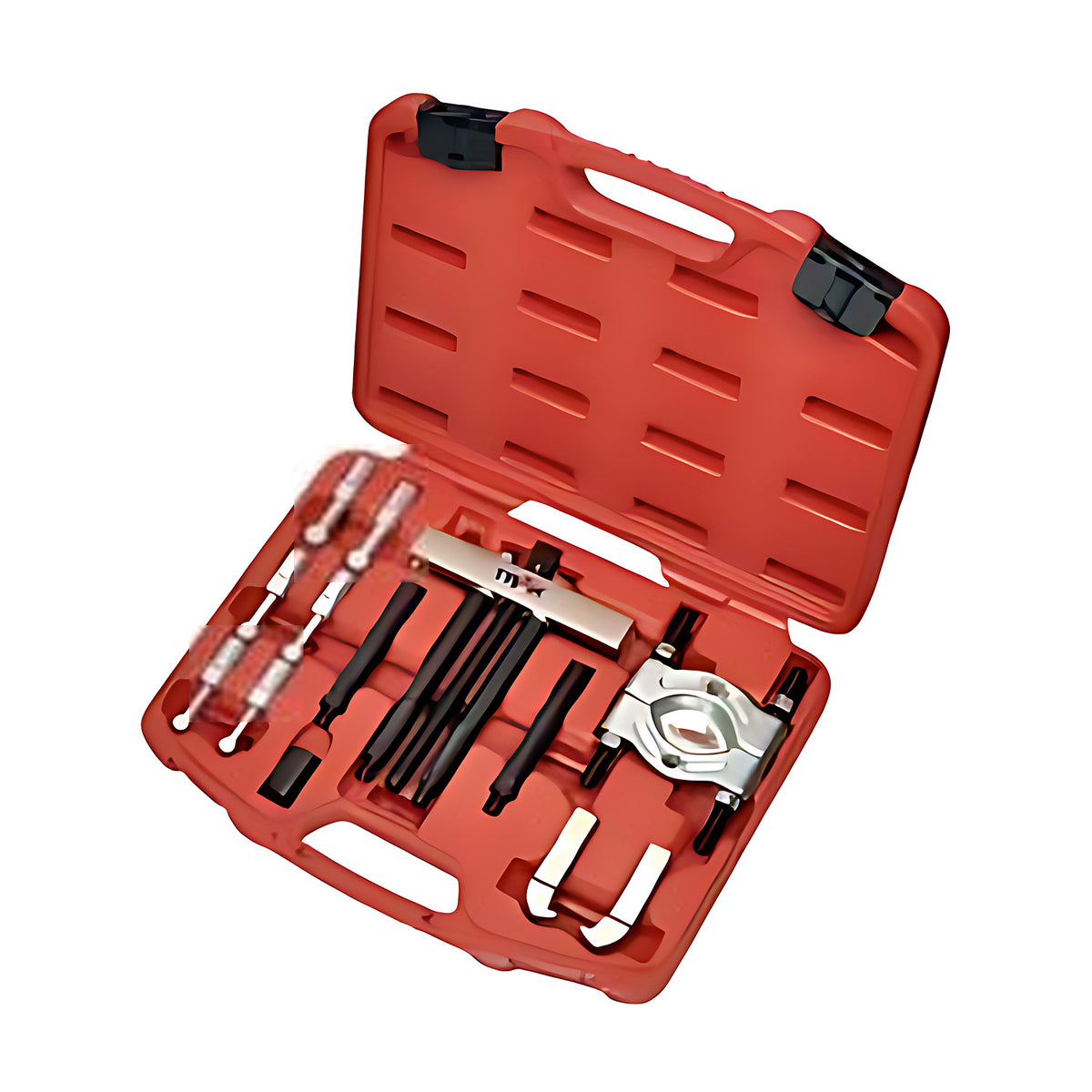 Trax bearing puller kit ARX-SP1K in a red case with puller legs, rods and a separator plate in the tray