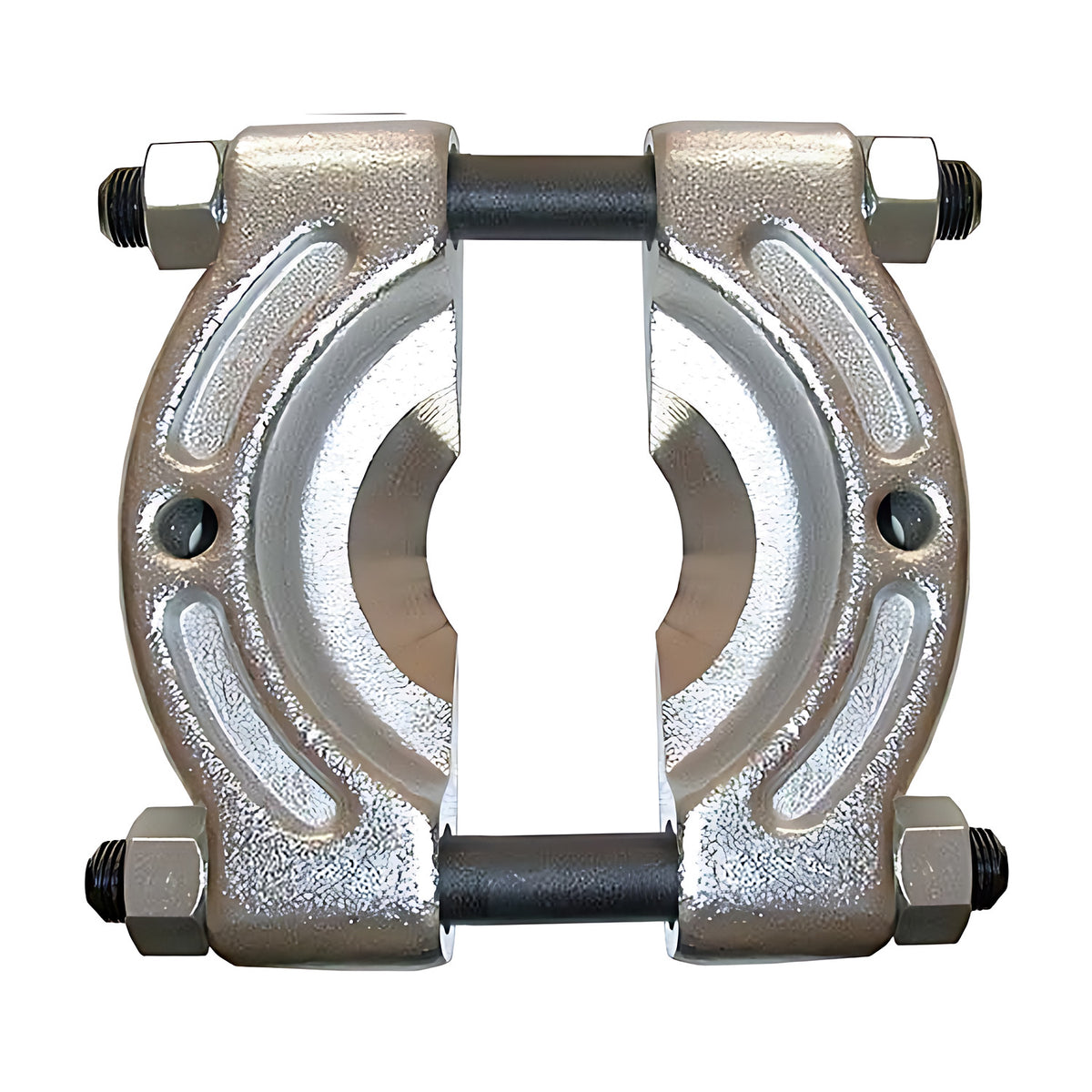 Trax bearing separator plates, two chrome plates joined by black threaded rods and nuts, on white background