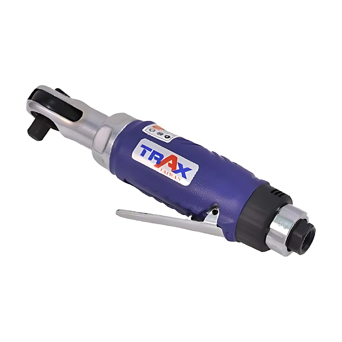 Trax bridged air ratchet wrench with purple body, silver head and trigger lever, on white background