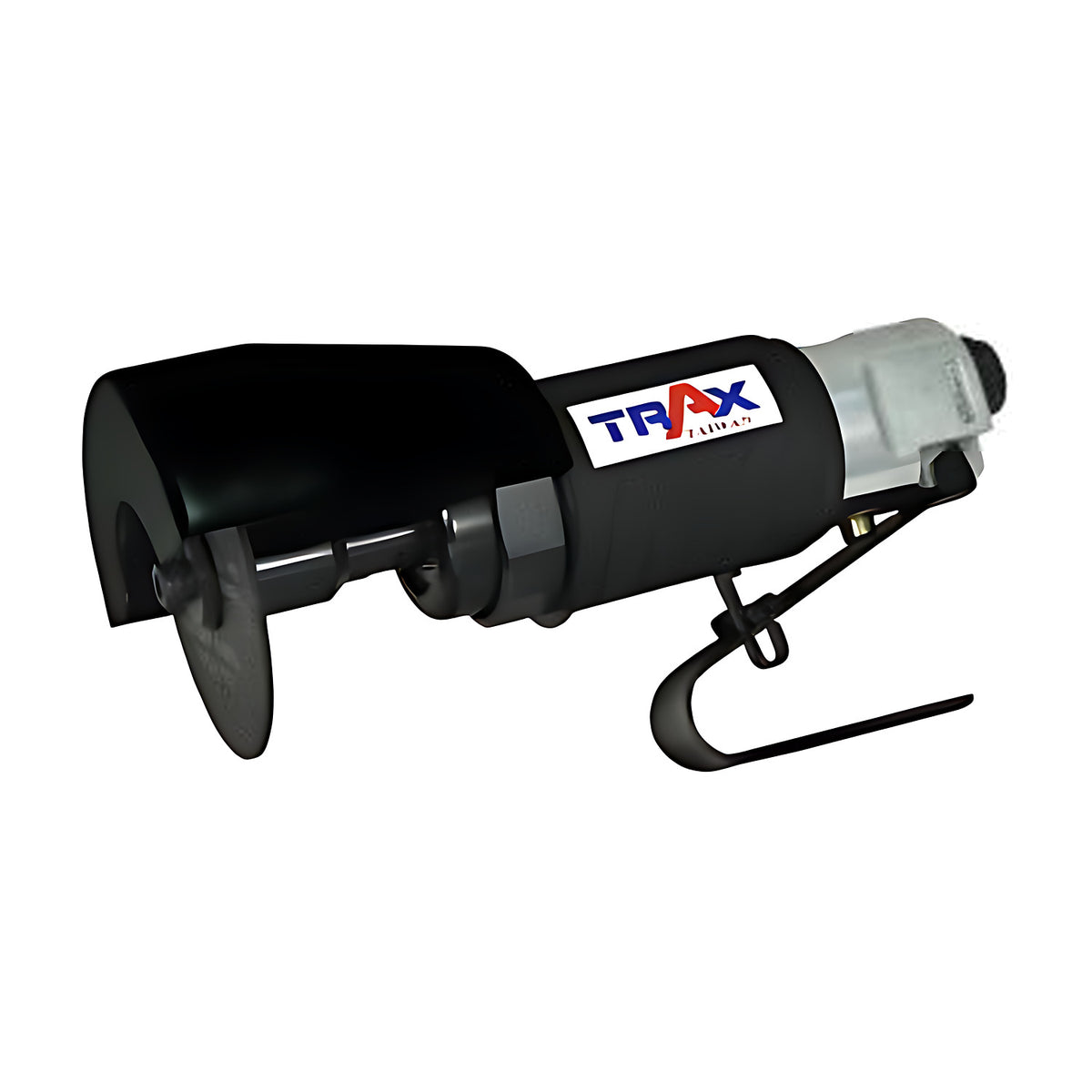 Trax cut-off tool, black air tool with a black wheel guard and a red Trax label, on white background