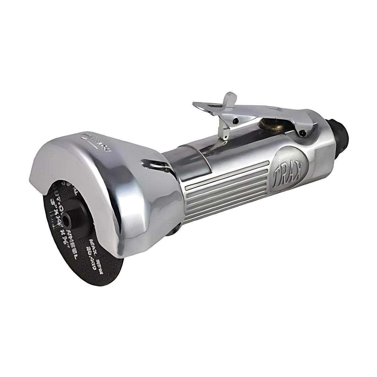 Trax cut-off tool, silver air tool with a chrome wheel guard and trigger lever, on white background