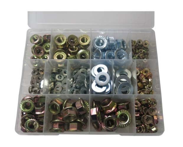 Trax Flange Nut & Flat Washer Assortment Kit, 455pieces - AIMS Industrial Supplies