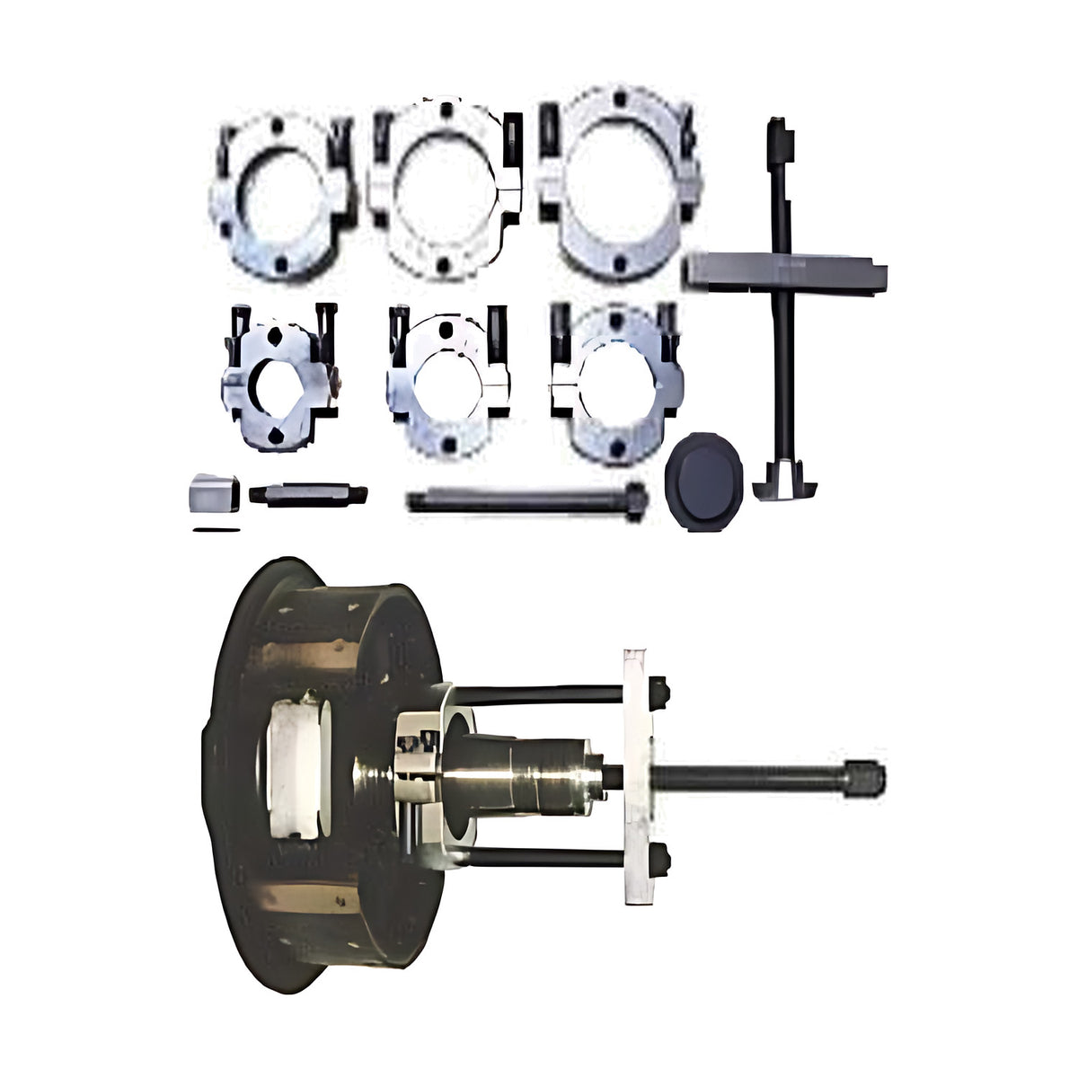 Trax Koto-HB712 housing bearing puller set, clamp rings, bars and a puller assembly laid out on white background