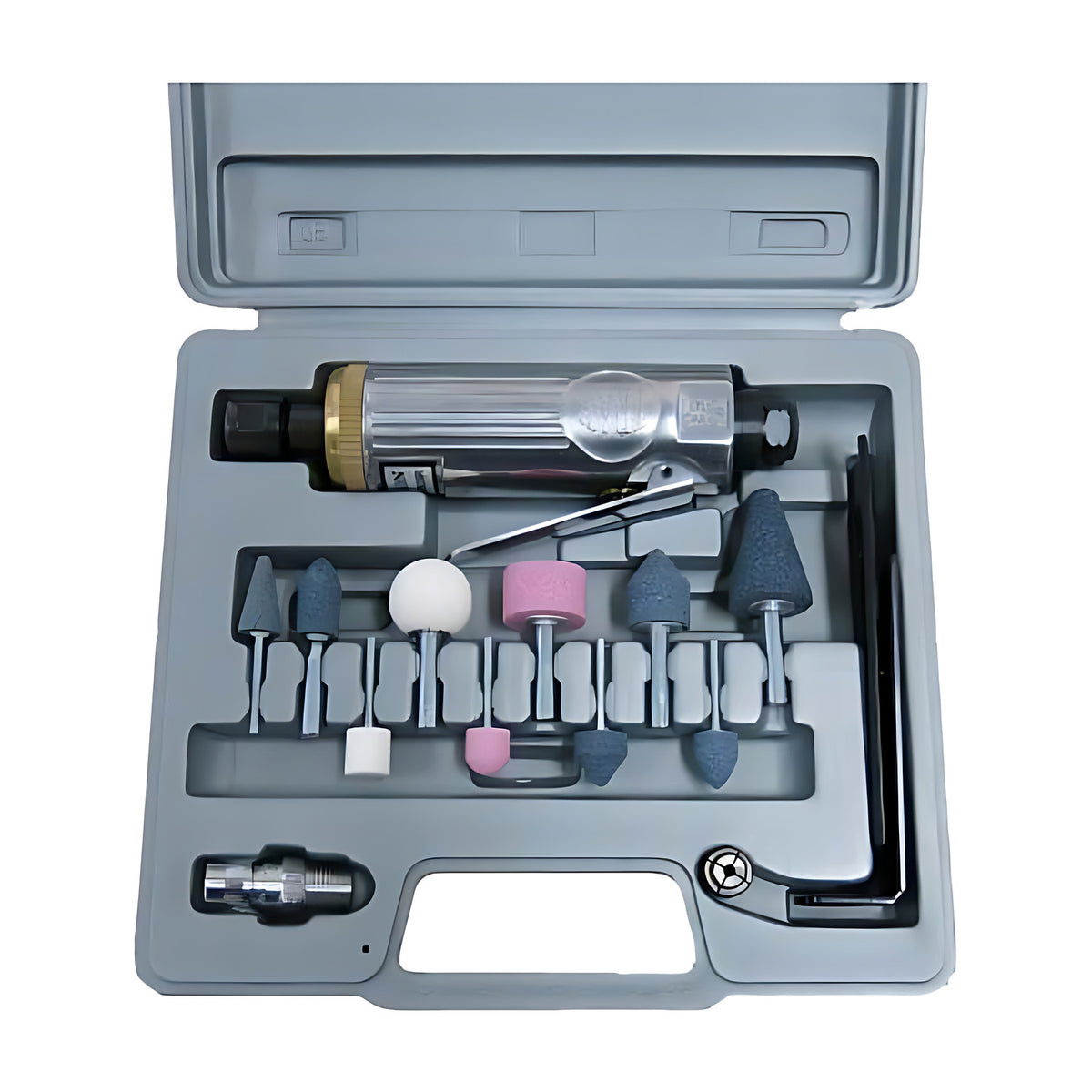 Trax KPT-24DGK Kawasaki mini die grinder kit in grey carry case with grinder, mounted points, collets and spanner