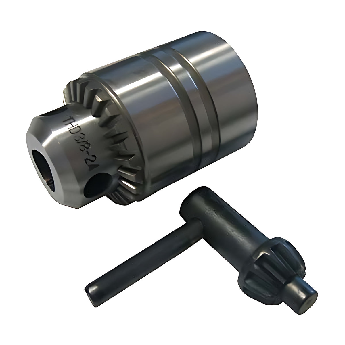 Trax KPT-3/8KDC drill chuck with chuck key beside it, chuck marked 3/8, on white background