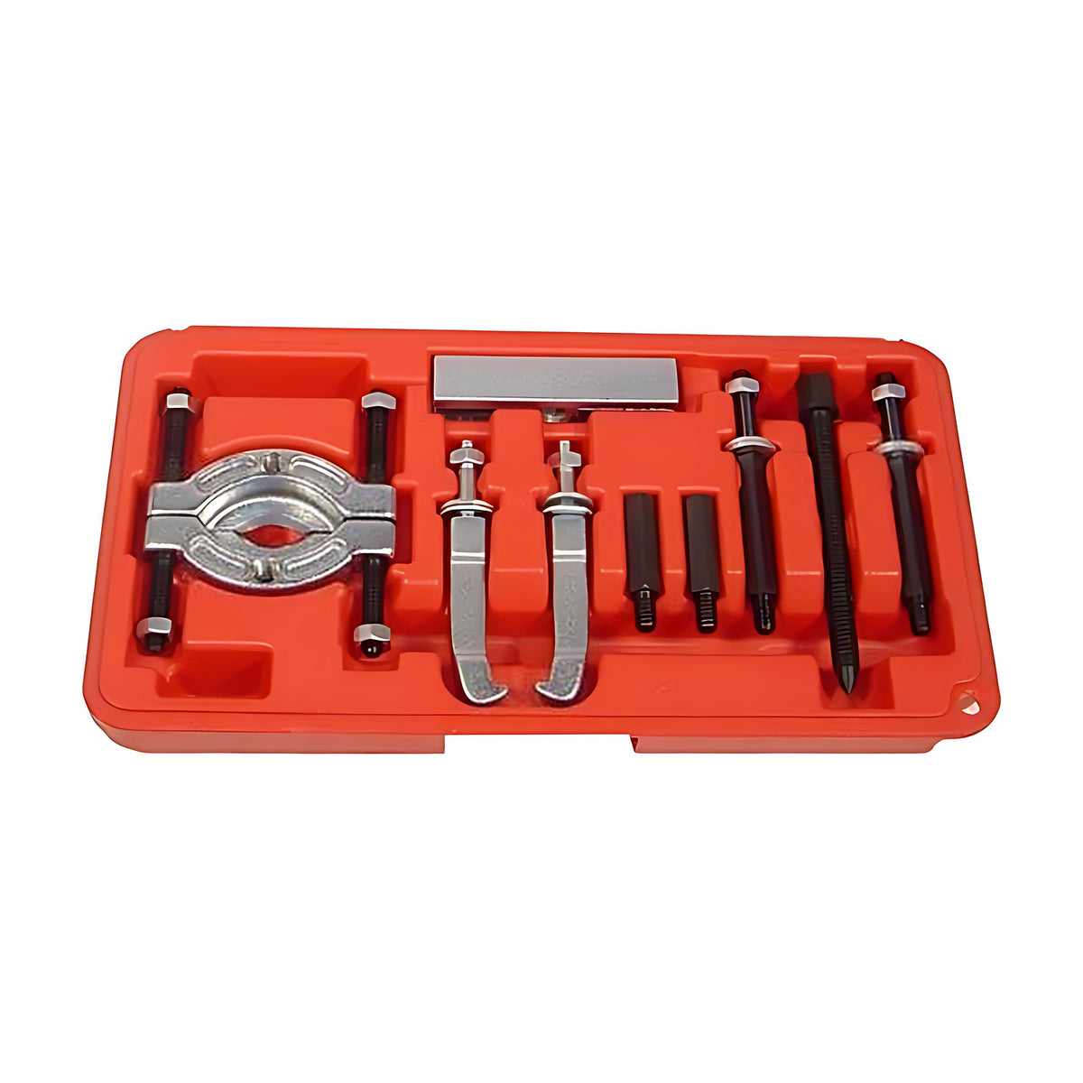 Trax YC-716 mini bearing puller set in red moulded case with separator plate, legs and rods