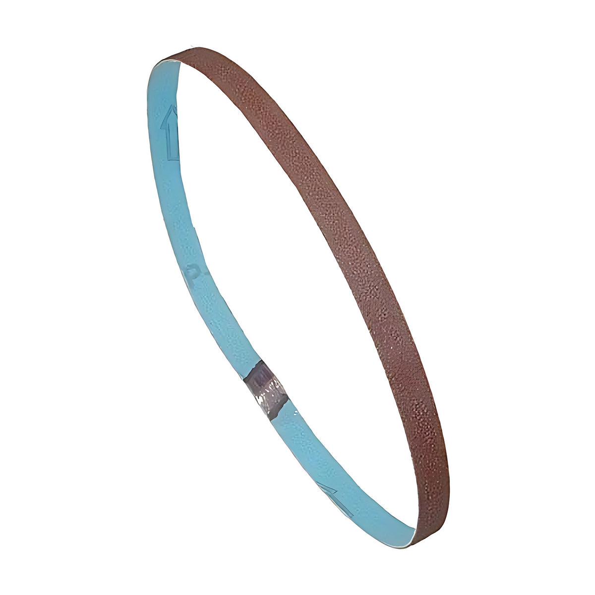 Trax sanding belt shown as a loop, brown abrasive face with blue backing, on white background