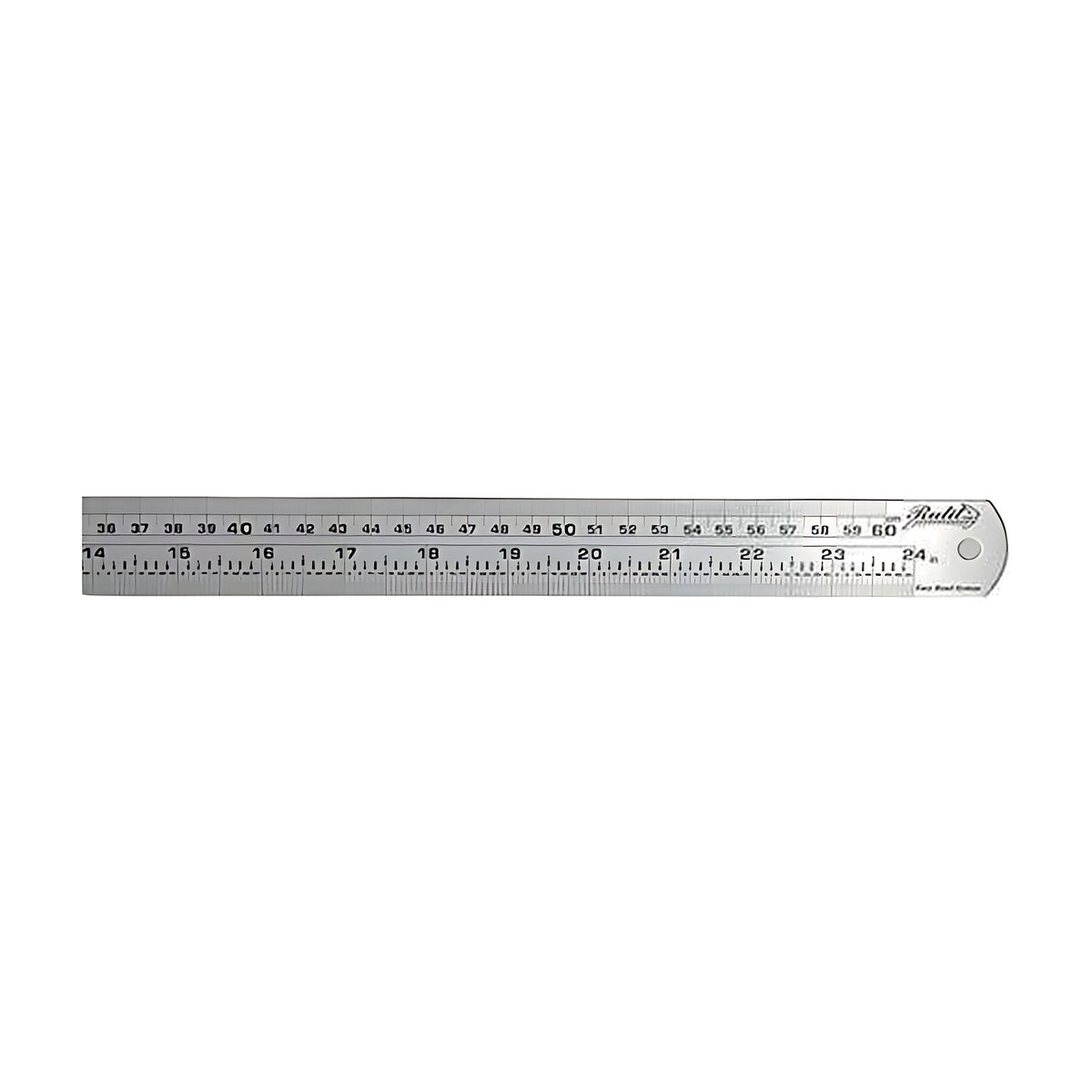 Trax stainless steel ruler, close-up of the scale and numbers, on white background