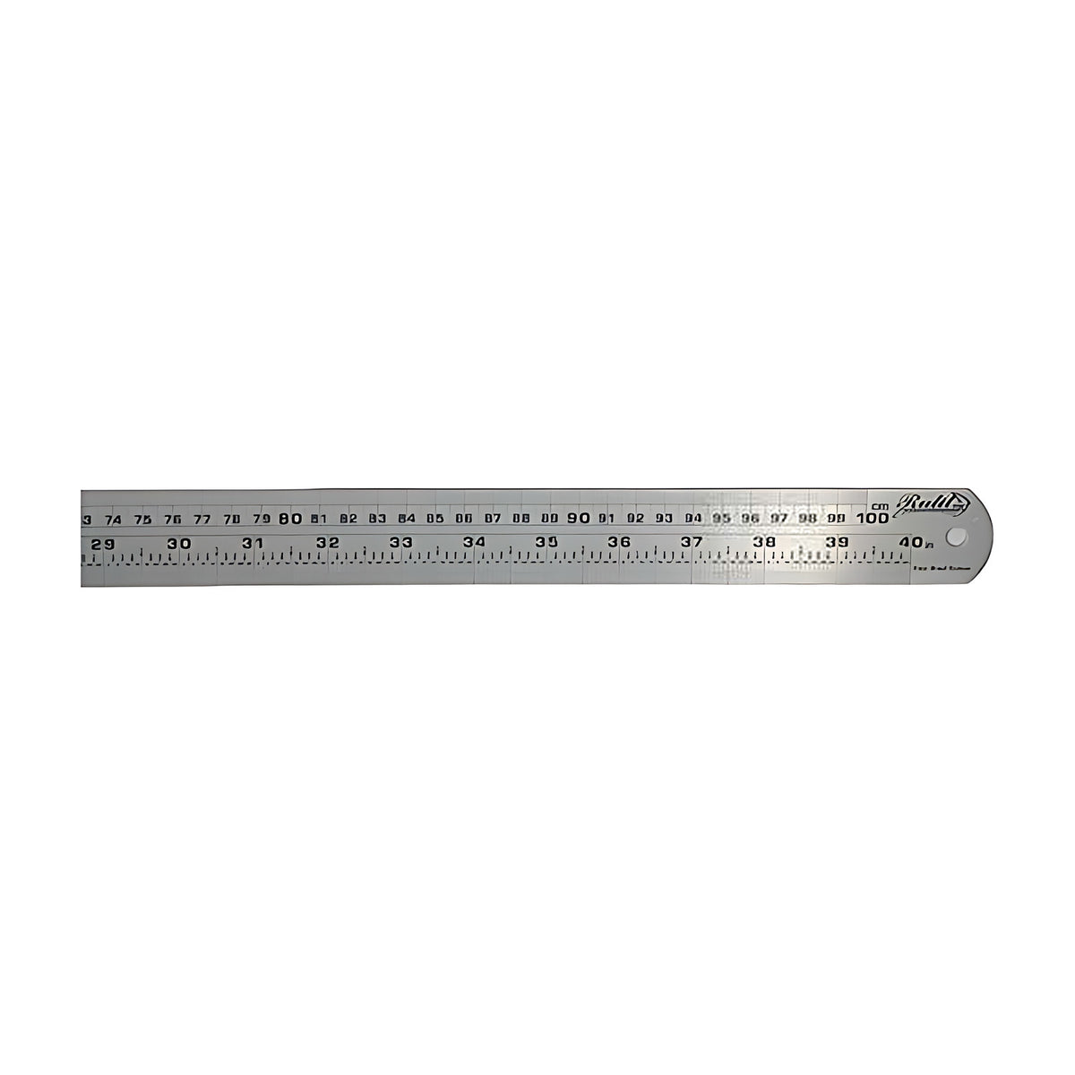Trax stainless steel ruler, close-up of the scale and numbers on a longer length, on white background