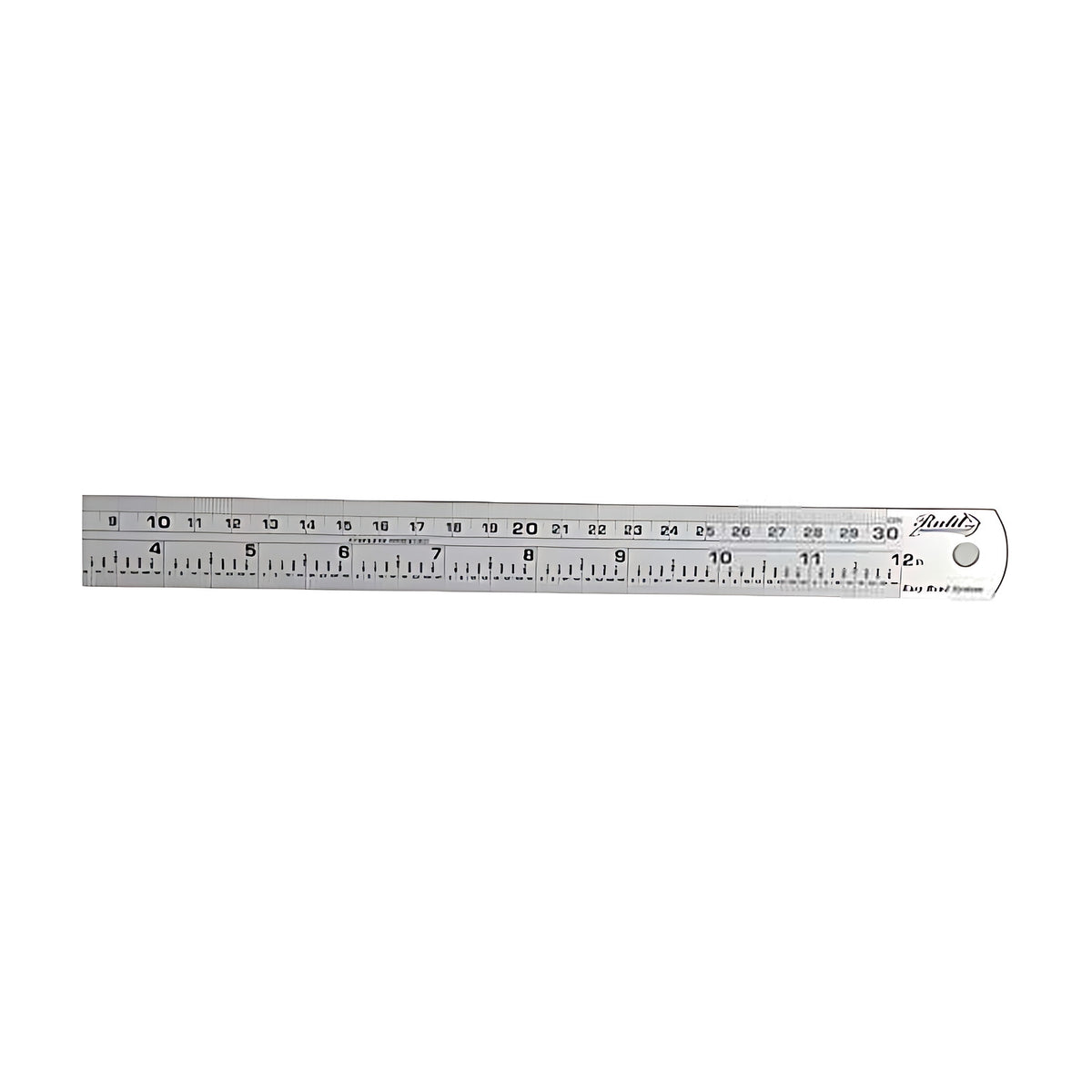 Trax stainless steel ruler, close-up of the scale and numbers along its length, on white background