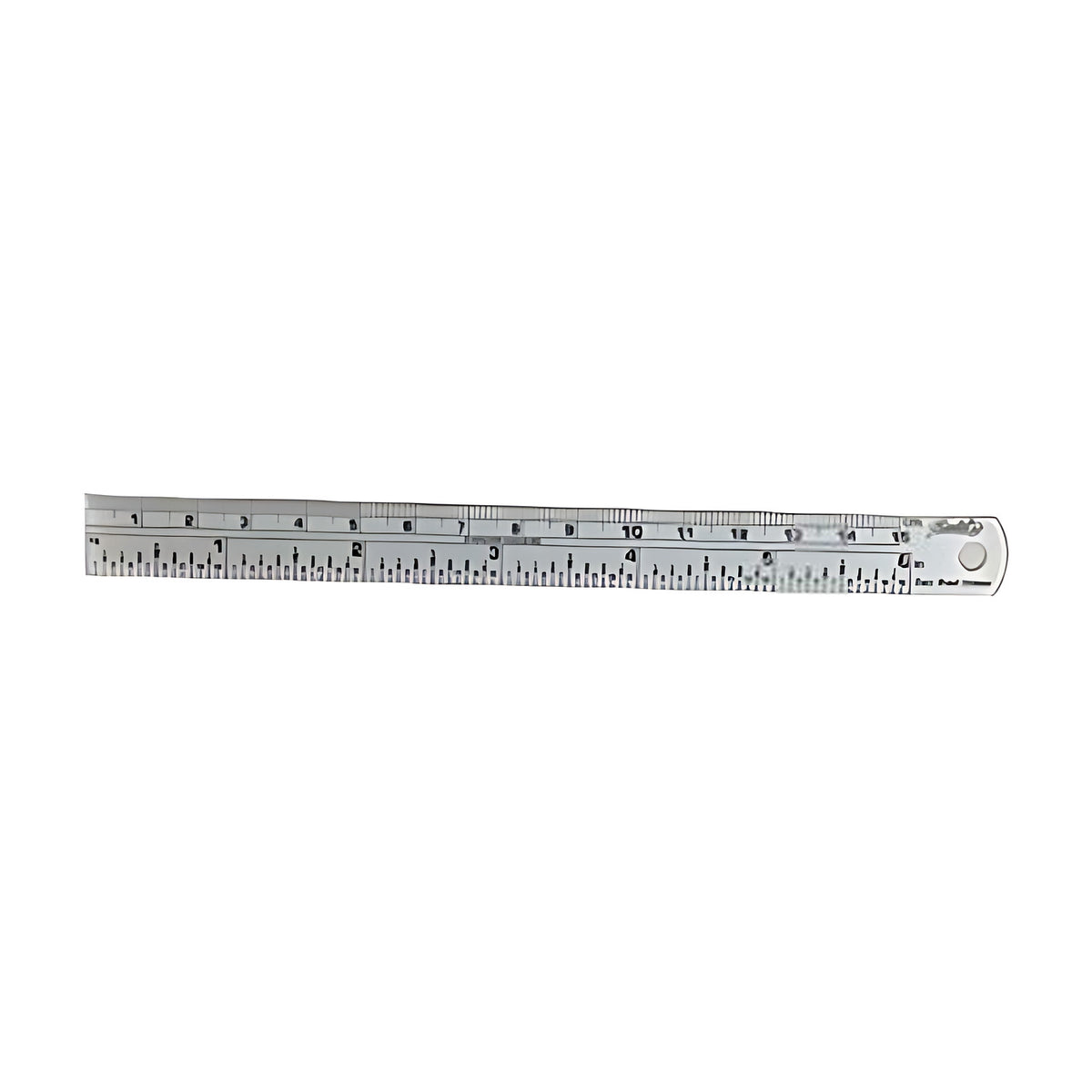Trax stainless steel ruler with metric and imperial scales, short length, on white background