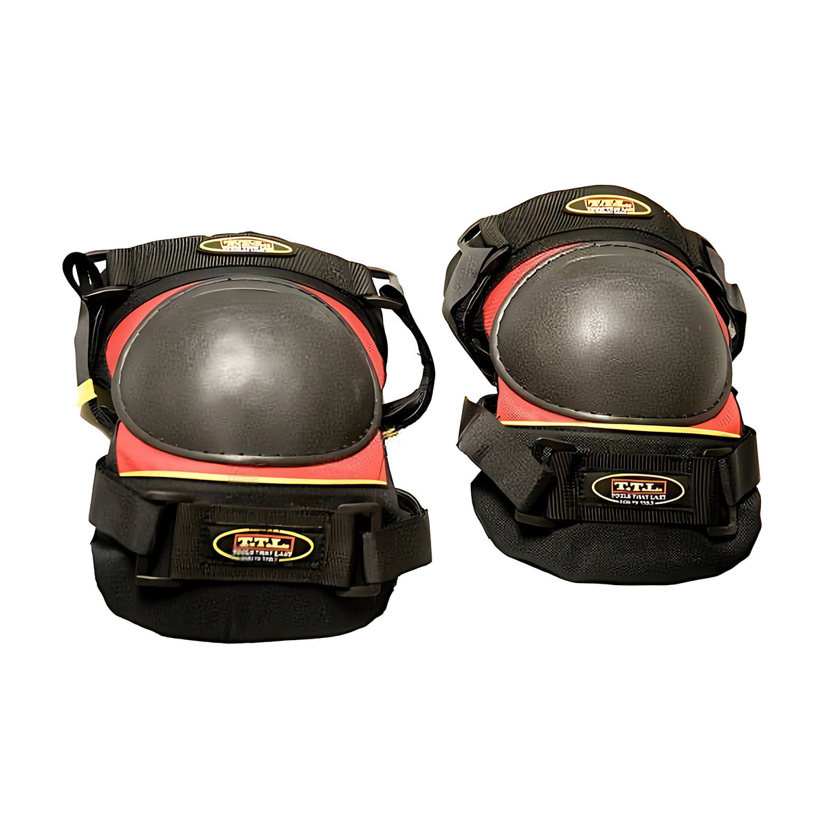 Pair of TTL Pro Swivel-Flex knee pads with black swivel caps, red trim and straps