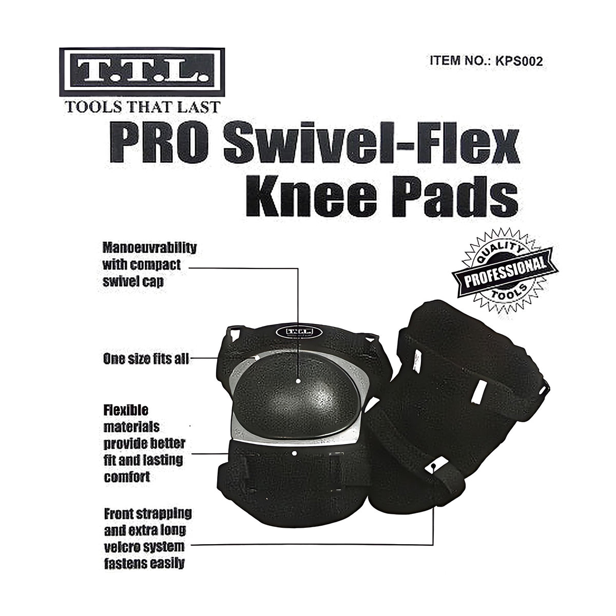 TTL Pro Swivel-Flex knee pad packaging insert listing the swivel cap, flexible materials and front strapping