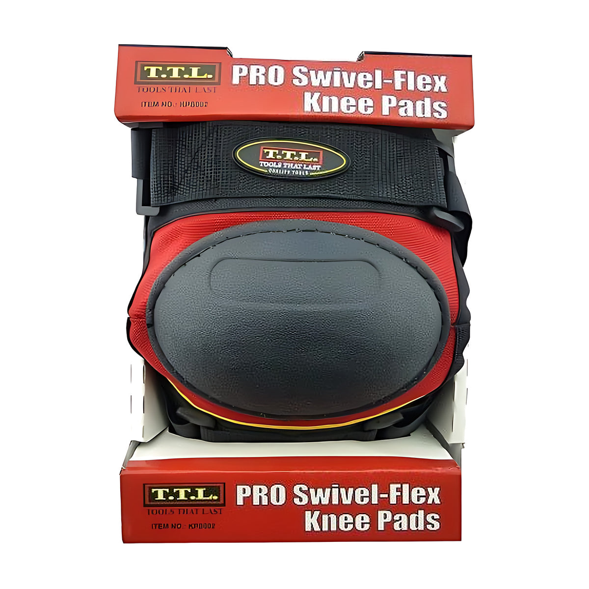 TTL Pro Swivel-Flex knee pads in retail packaging, with a red and black pad and strap