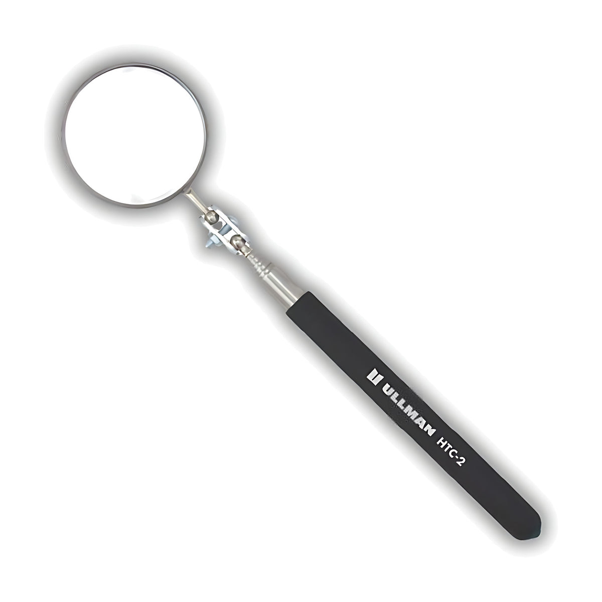 Ullman HTC-2 2-1/4" circular telescoping inspection mirror on a black handle printed HTC-2, shown at an angle