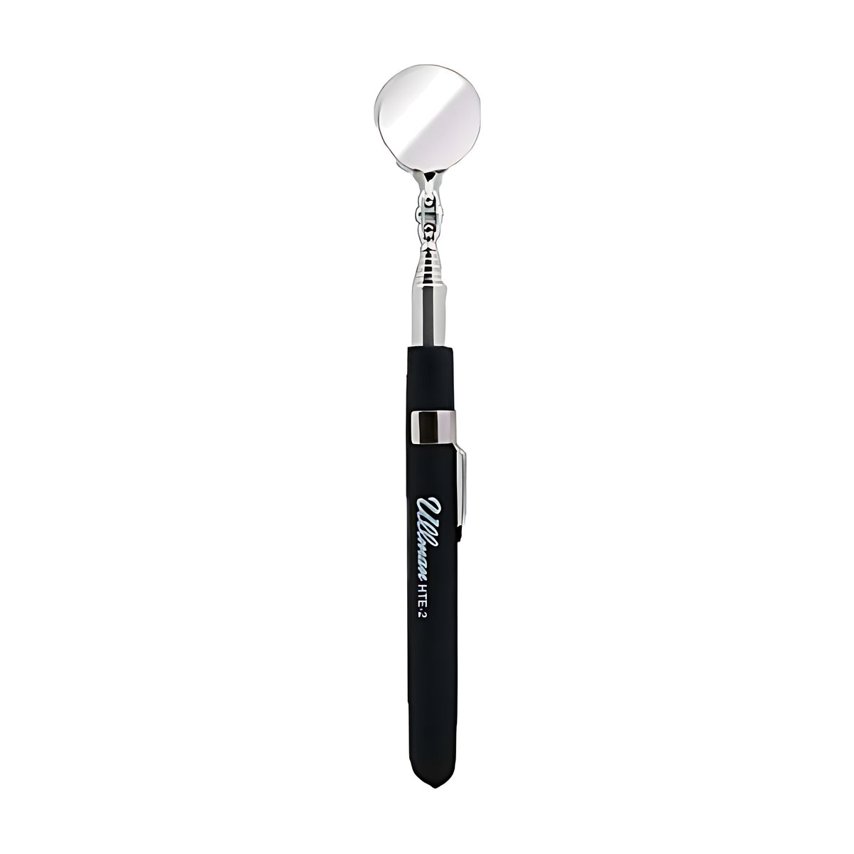 Ullman HTE-2 1-1/4" circular telescoping inspection mirror on a black cushion grip handle with pocket clip