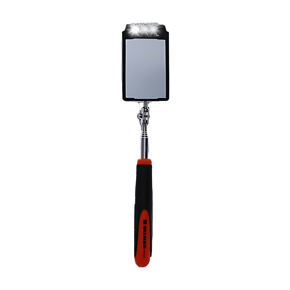 Ullman HTK-2LT rectangular inspection mirror with LED light on, on a telescoping shaft with red and black grip
