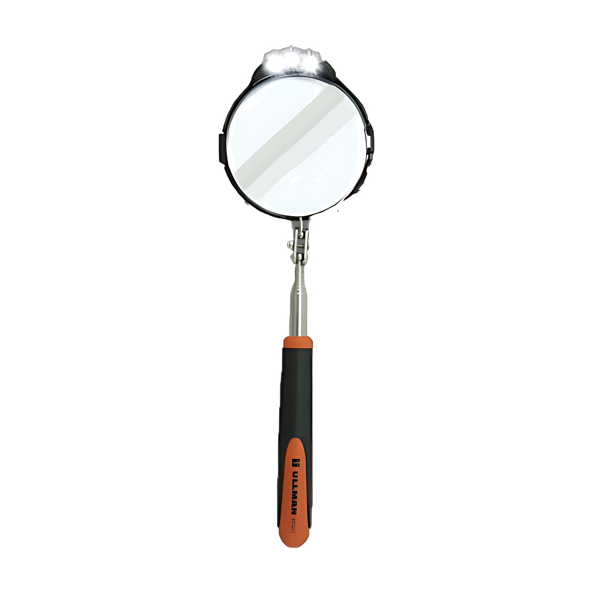 Ullman HTS-2LT 86mm circular inspection mirror with LED on, on a telescoping shaft with orange and black grip