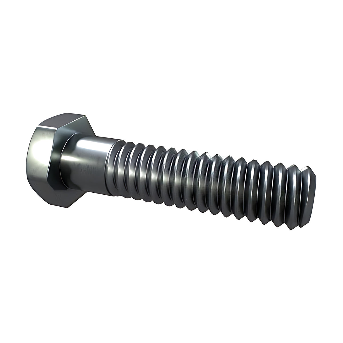 Hobson UNC hex bolt, zinc finish, side view of hex head and coarse threaded shank, 1/4", 5/16" and 3/8" diameters