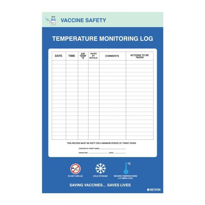 Vaccine Temperature Monitoring Log Self Adhesive Vinyl 450 x 300mm Self Adhesive Vinyl