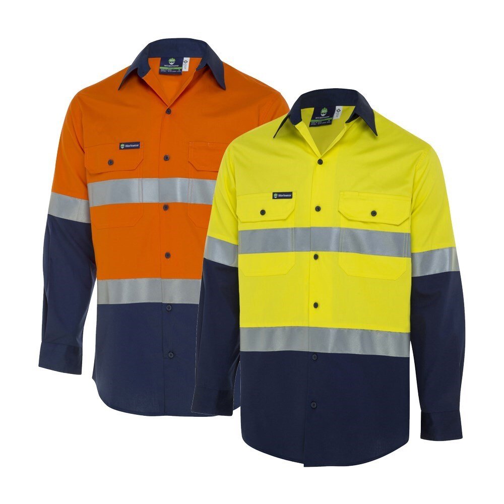 Workwear Mens Hi - Vis Button - Up Shirt W/ Reflective Tape - AIMS Industrial Supplies