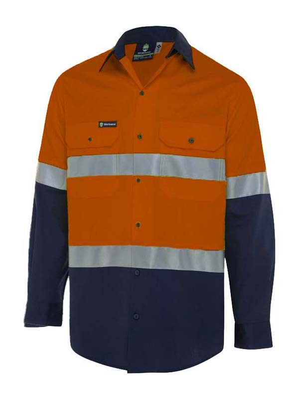 WS Workwear Horizontal Vented Mens Hi-Vis Button-Up Shirt Orange/Navy XS