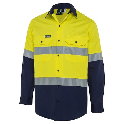 WS Workwear Mens Hi-Vis Button-Up Shirt, AdjCuffs Yellow/Navy - 3XL