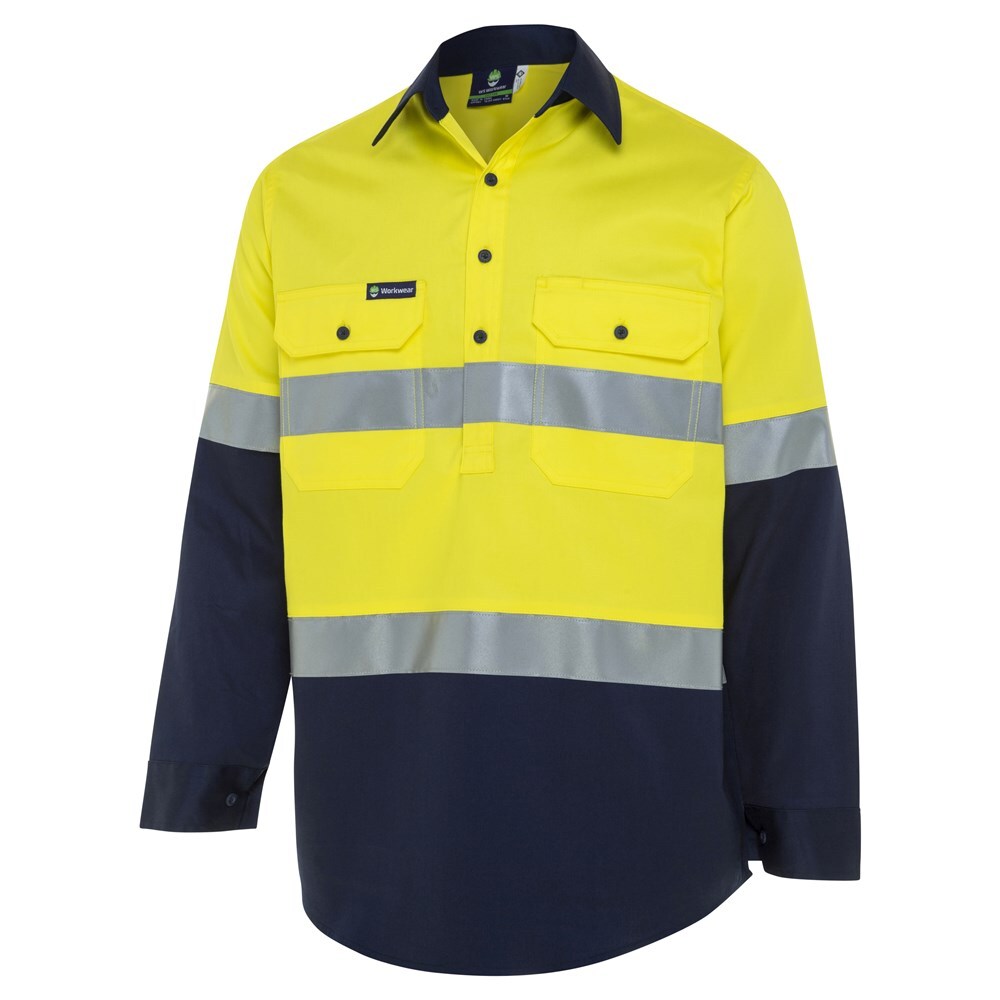 WS Workwear Mens Hi-Vis Half-Button-Up Shirt Yellow/Navy 6XL