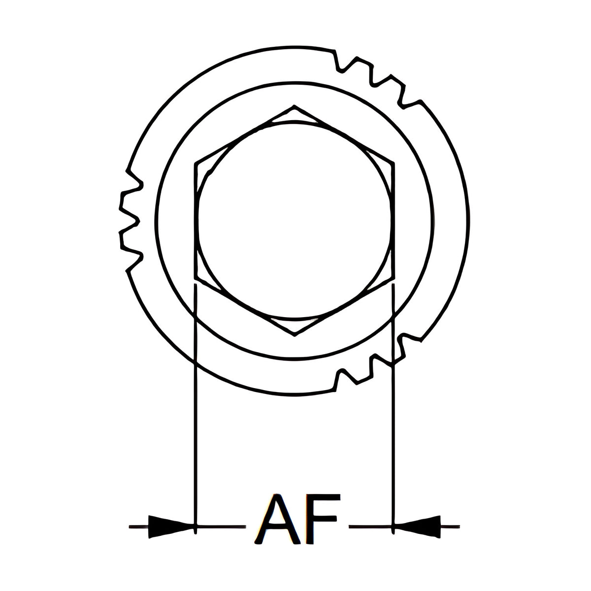 Dimension drawing of a Hobson Xbolt Bite hex anchor, end view with hexagon socket and the AF dimension marked