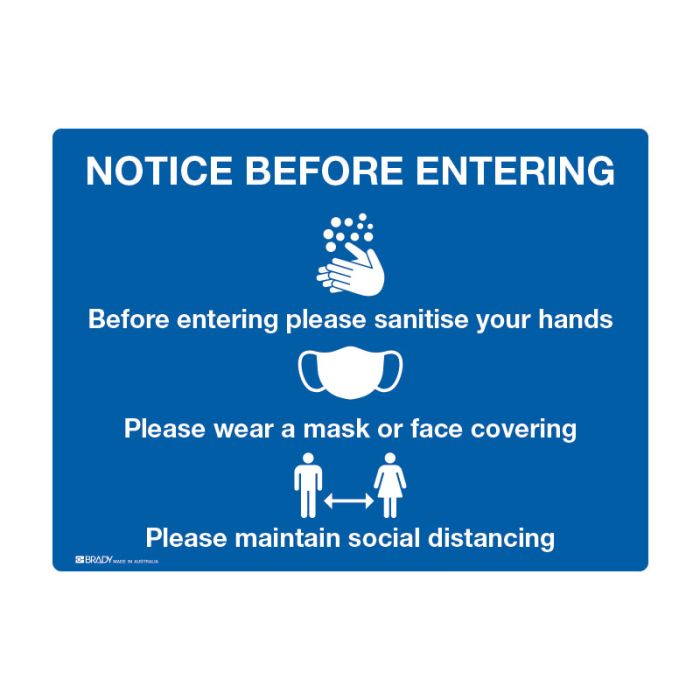 Brady Notice Before Entering Sign - Sanitise, Mask, Social Distancing