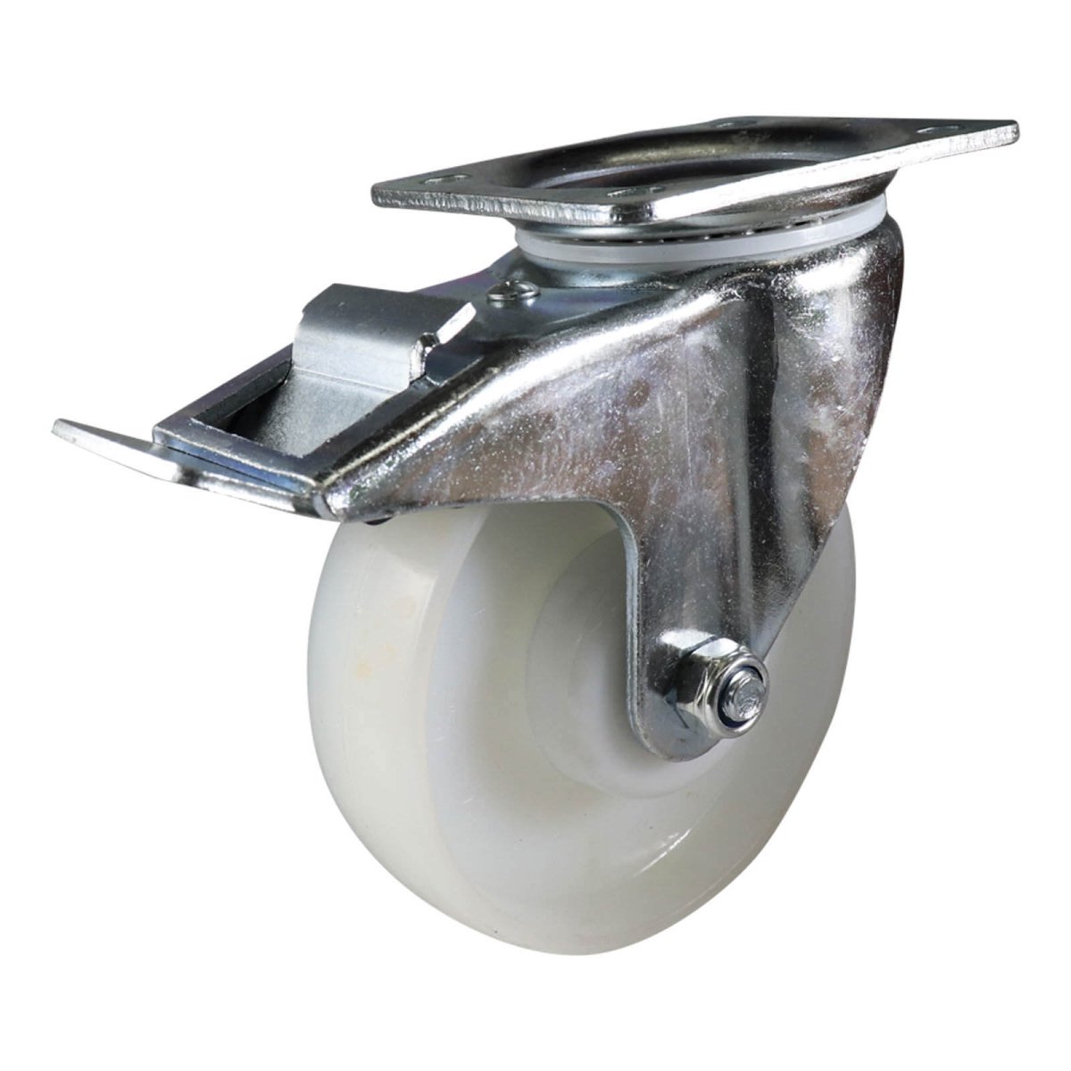 Zinc - Plated Swivel Plate Castor with Brake - Nylon Wheel, White I3 - AIMS Industrial Supplies